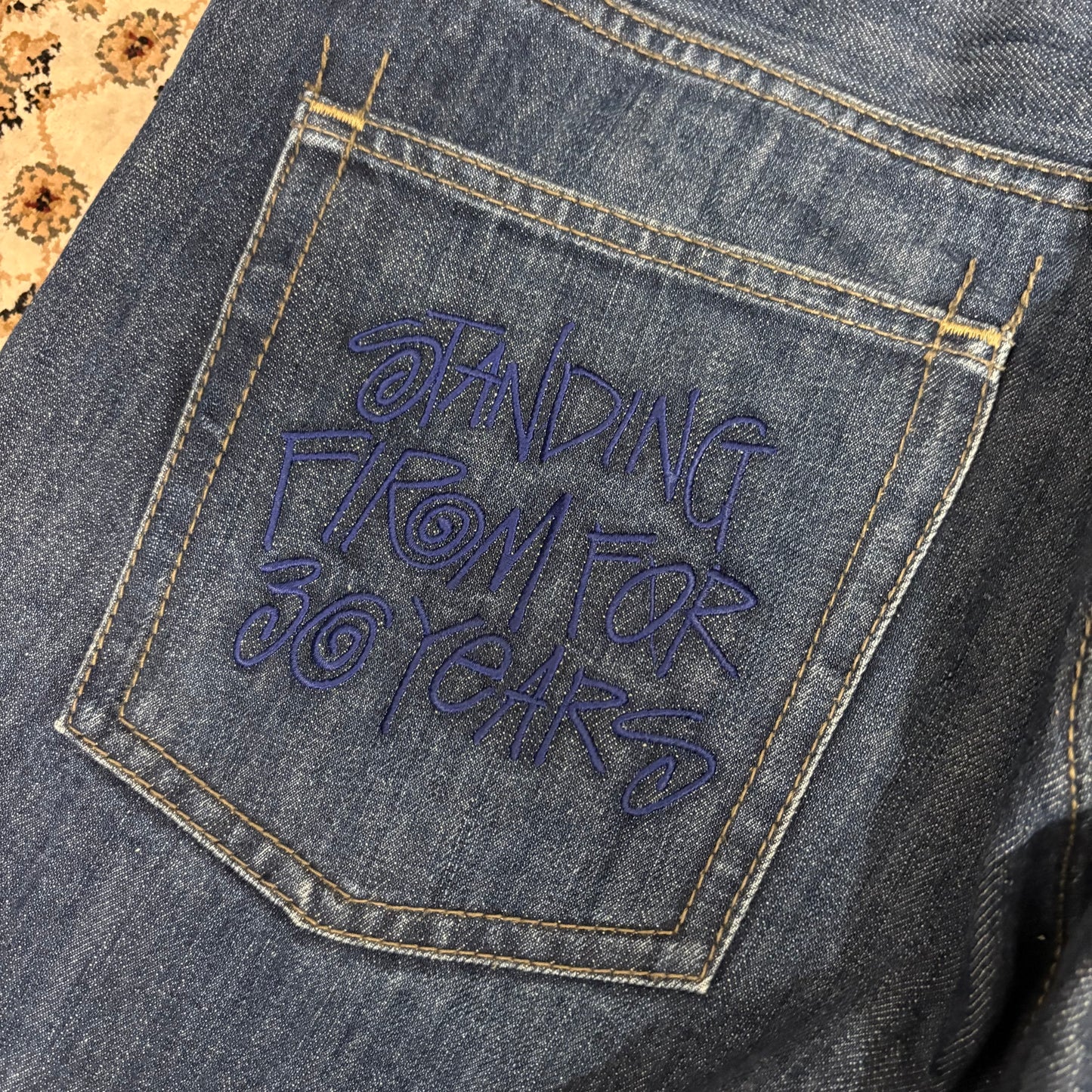 Stussy navy blue embroidered jeans (W36” L30”)