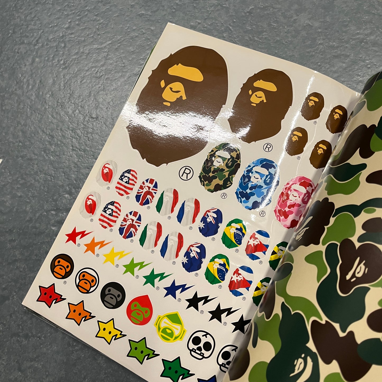BAPE 2005 lookbook with camo blanket and stickers