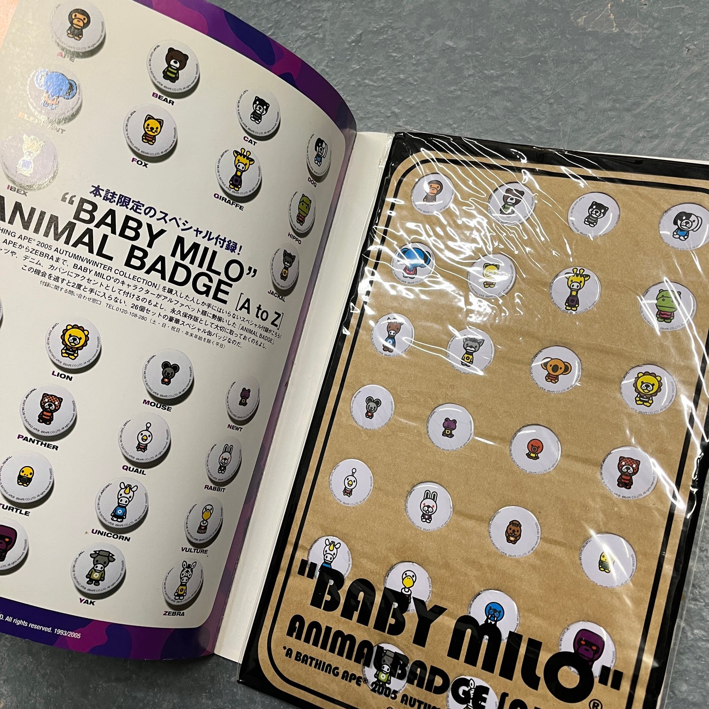 BAPE 2005 lookbook with 26 pin badges