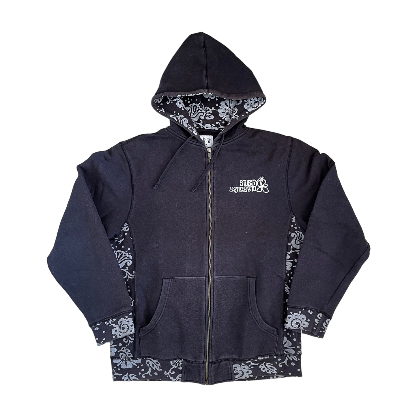 Stussy classics black flower zipup hoodie (M)