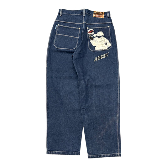 SOHK embroidered navy blue jeans (W32”)