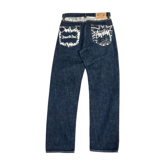 Stussy navy blue graphic jeans (W30”)