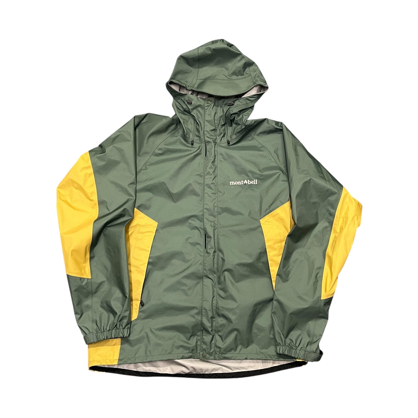 Montbell waterproof two tone green and mustard yellow jacket (L)