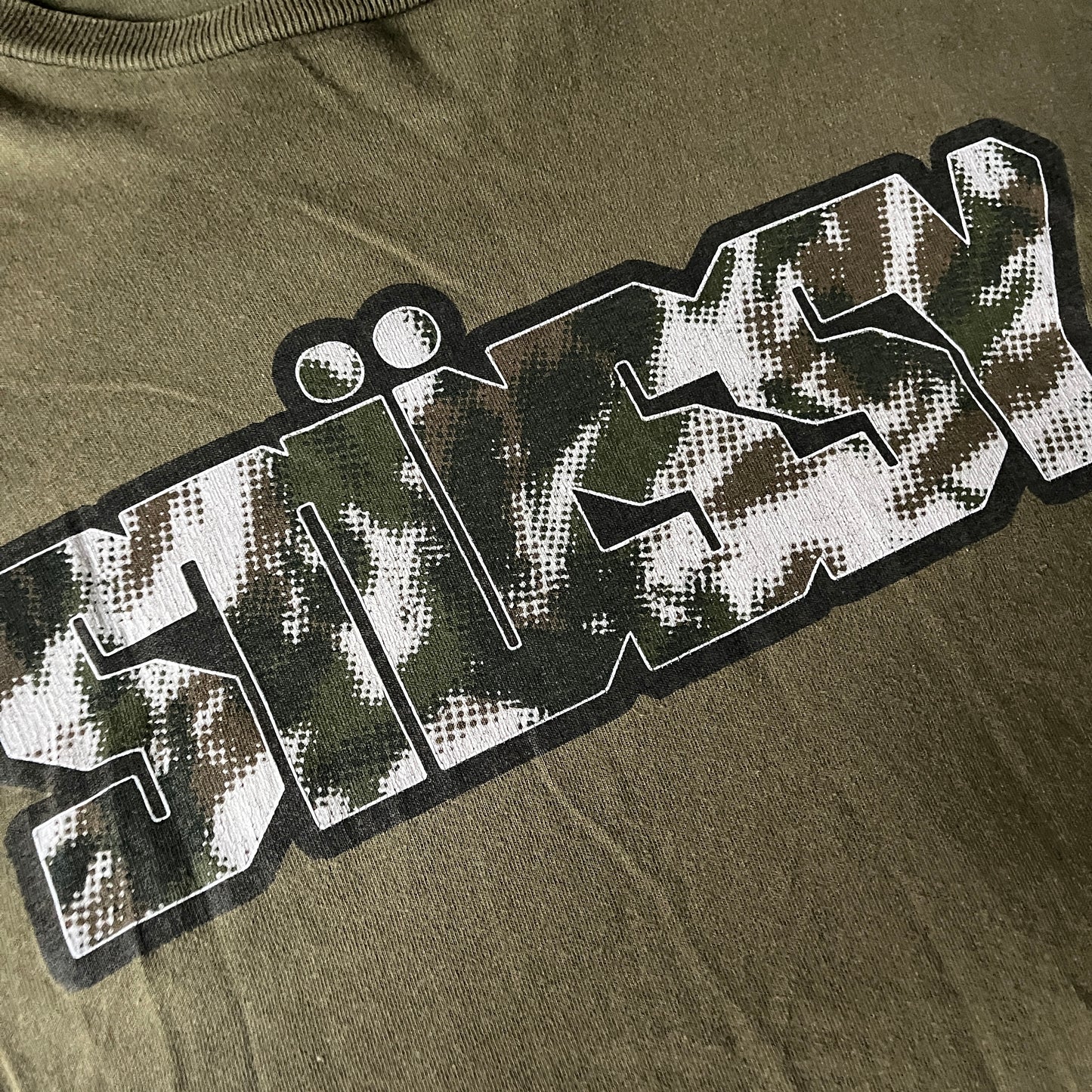 Stussy khaki green spellout tee (L)