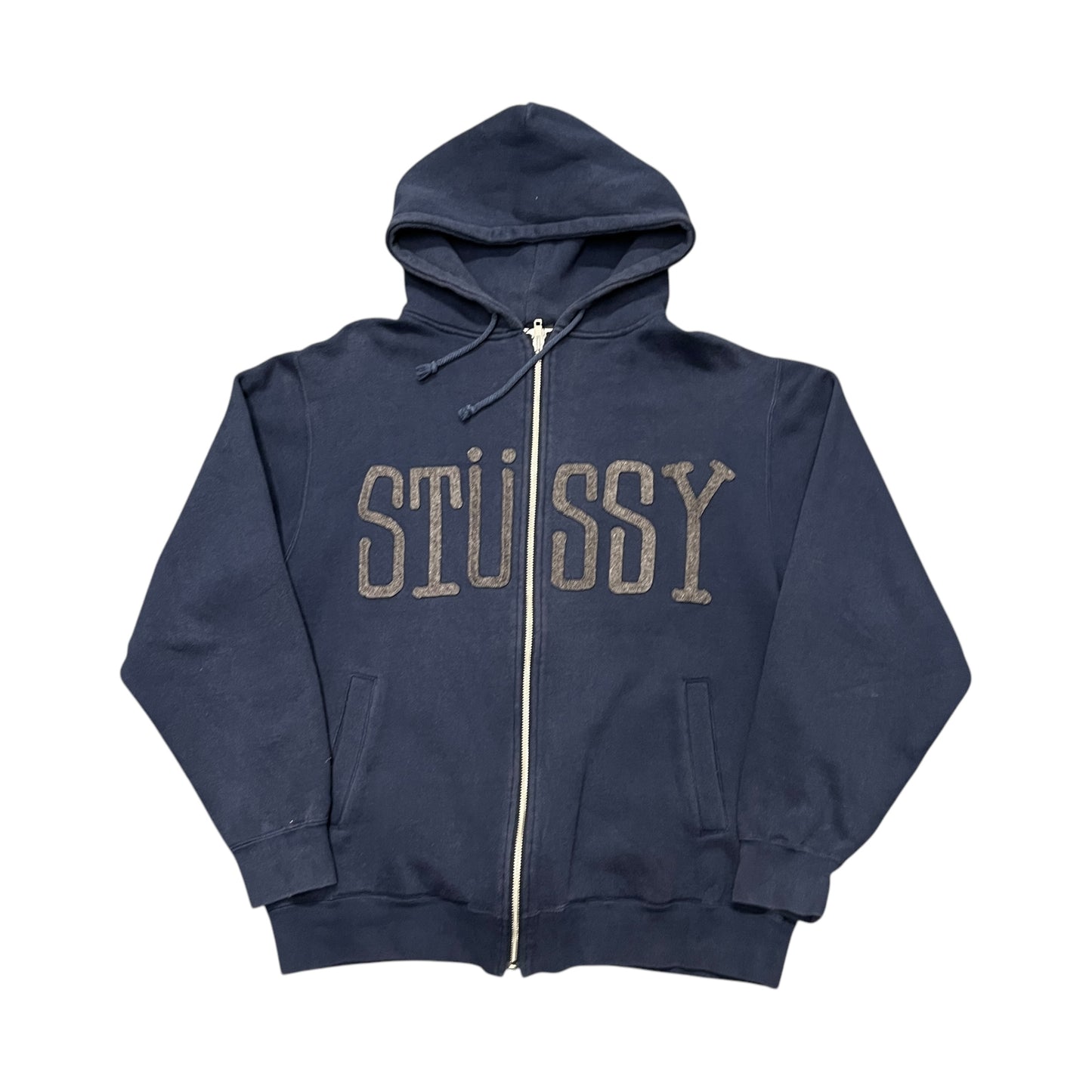 Stussy navy blue embossed spellout zipup hoodie (M)