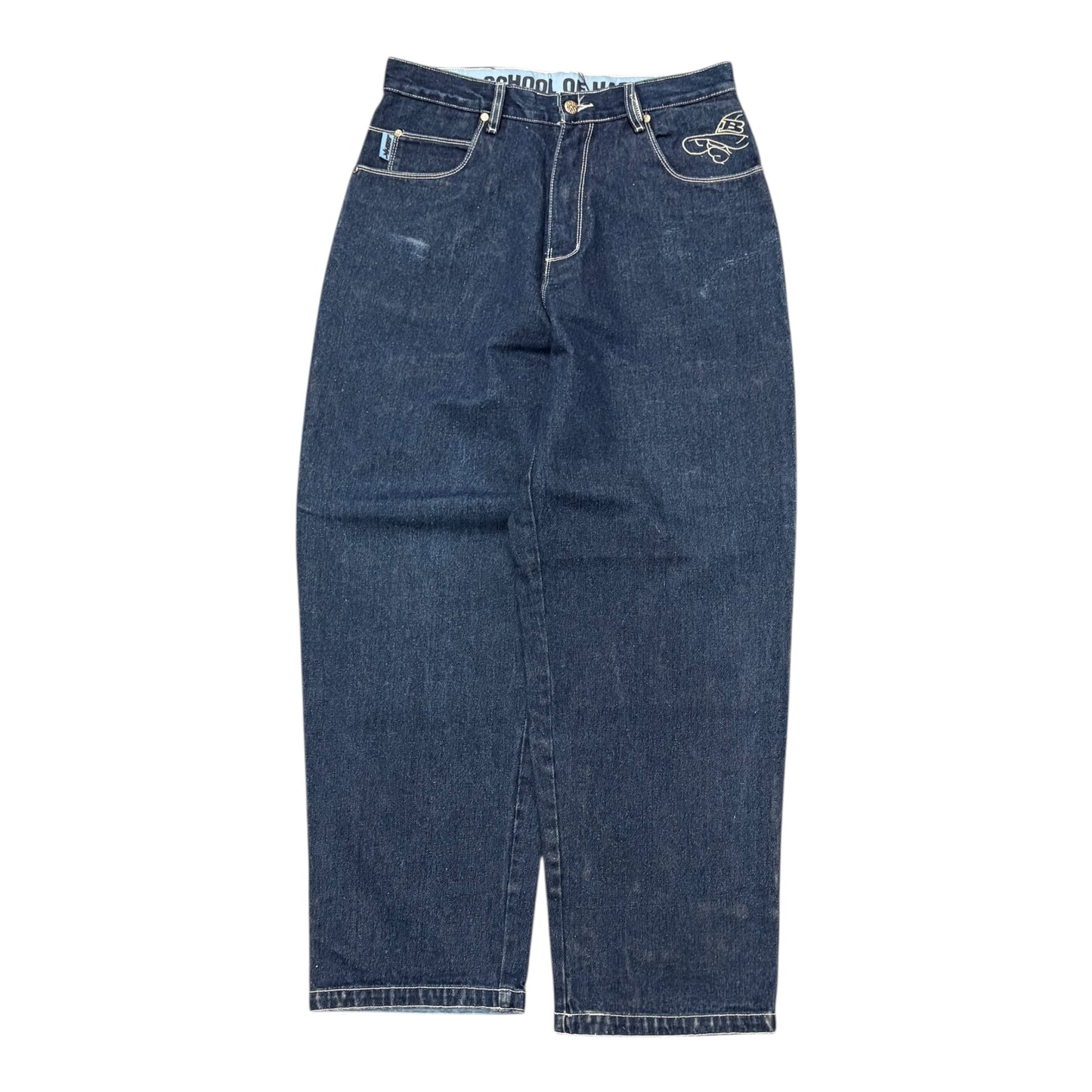 SOHK embroidered navy blue jeans (W32”)