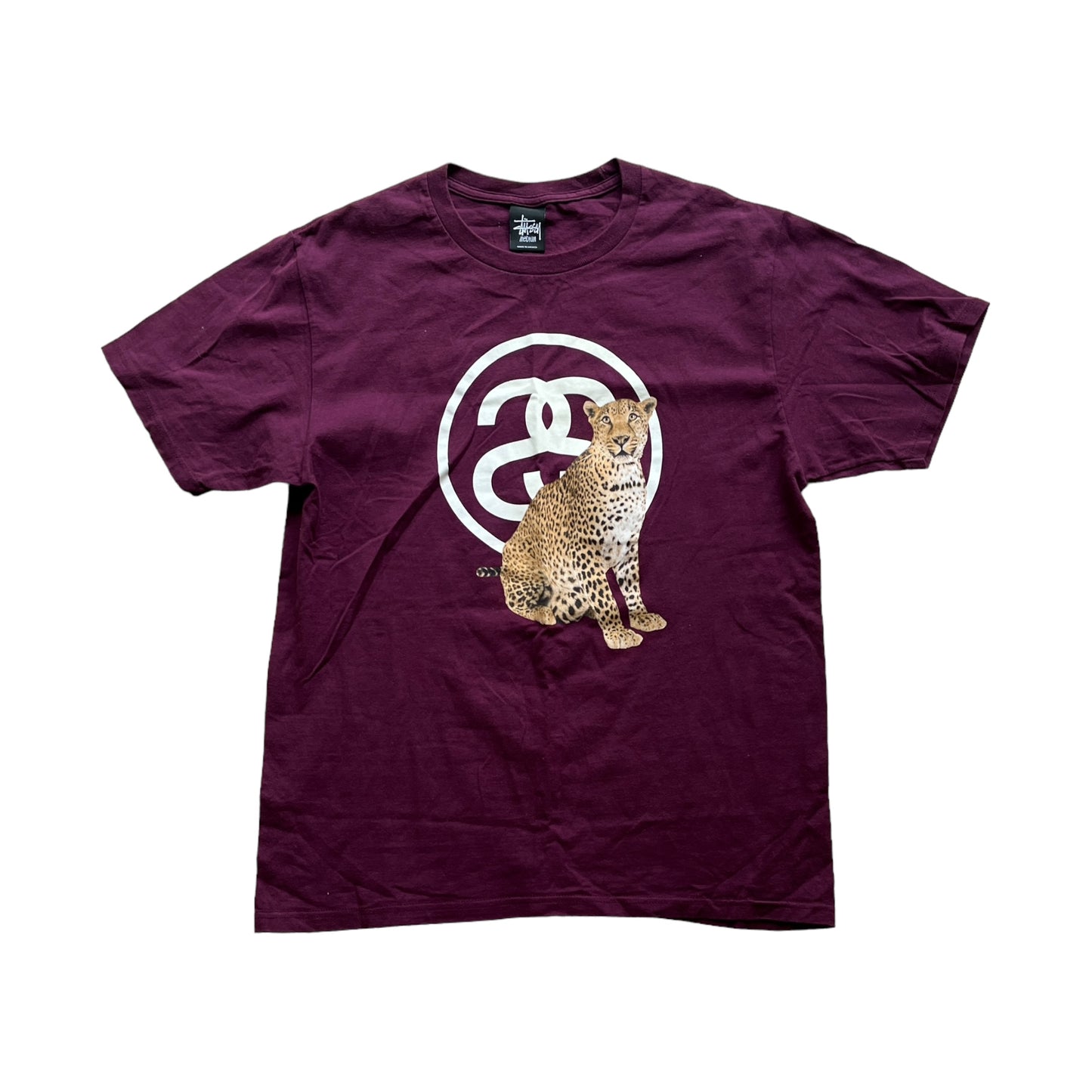 Stussy burgundy graphic leopard print tee (M)