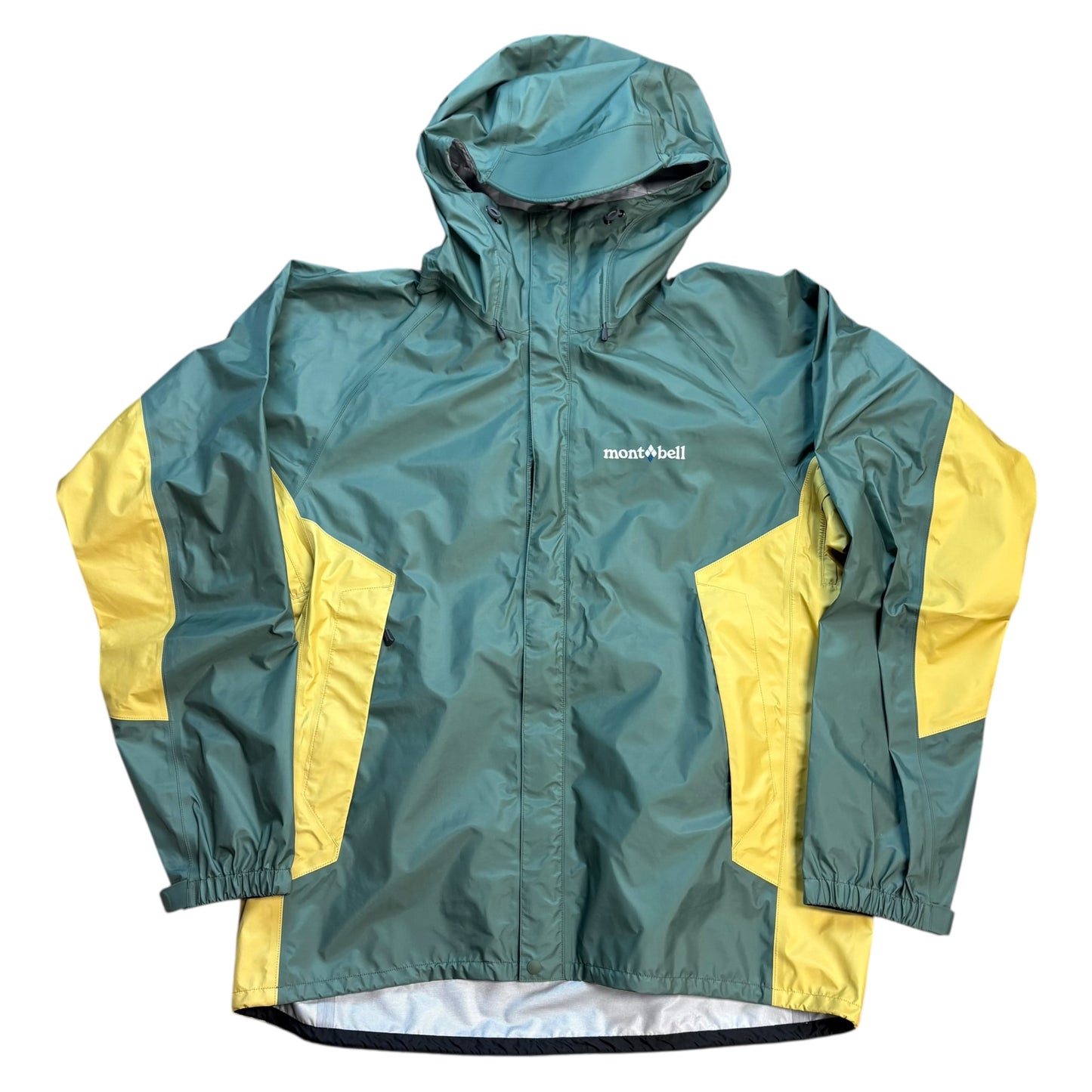 Montbell green and yellow waterproof shell jacket (L)