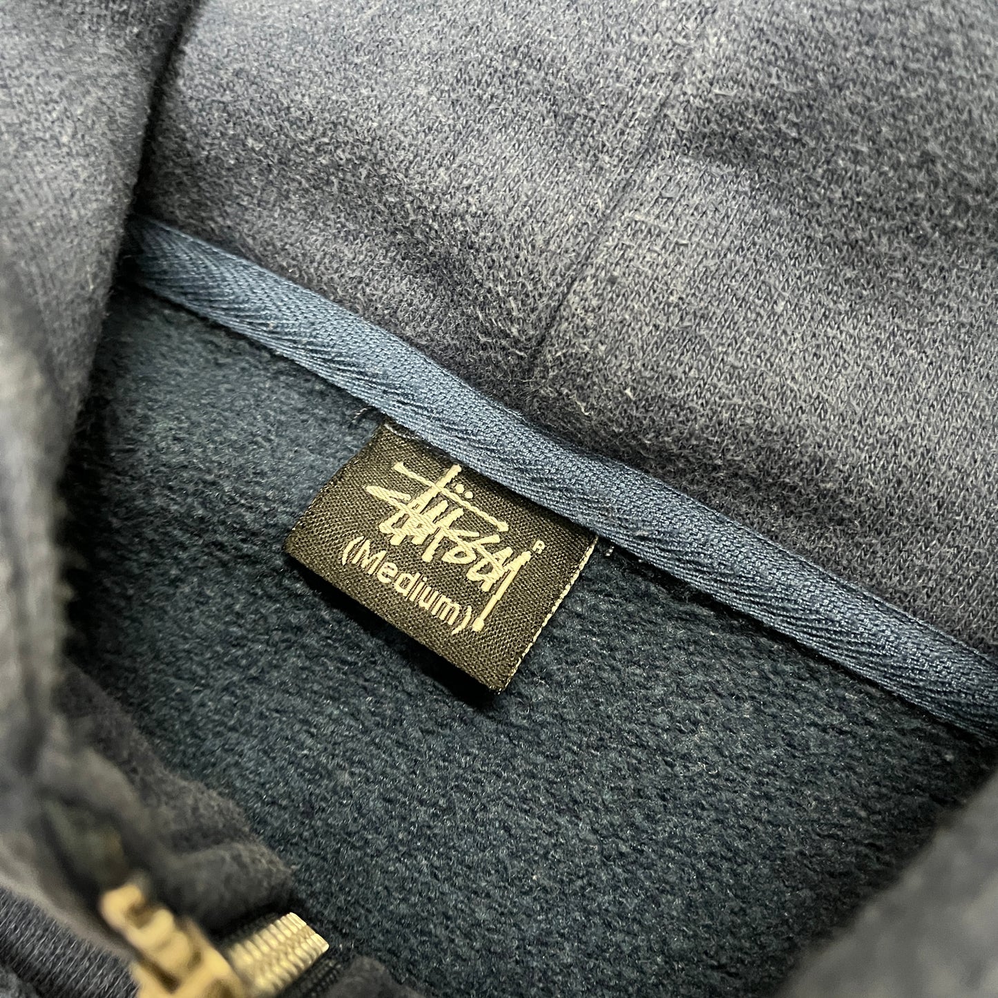 Stussy navy blue embossed spellout zipup hoodie (M)