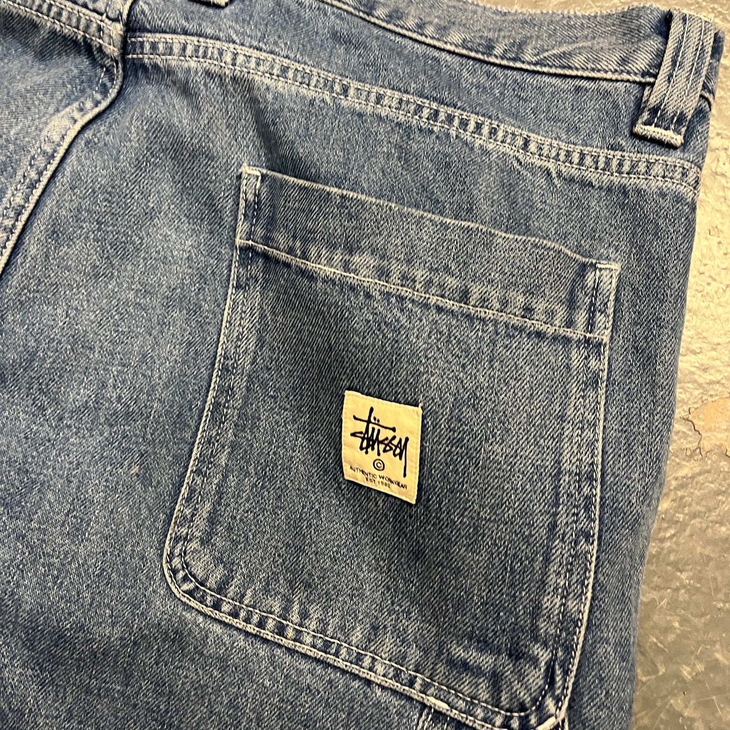 Stussy blue double knee baggy jeans (W36)