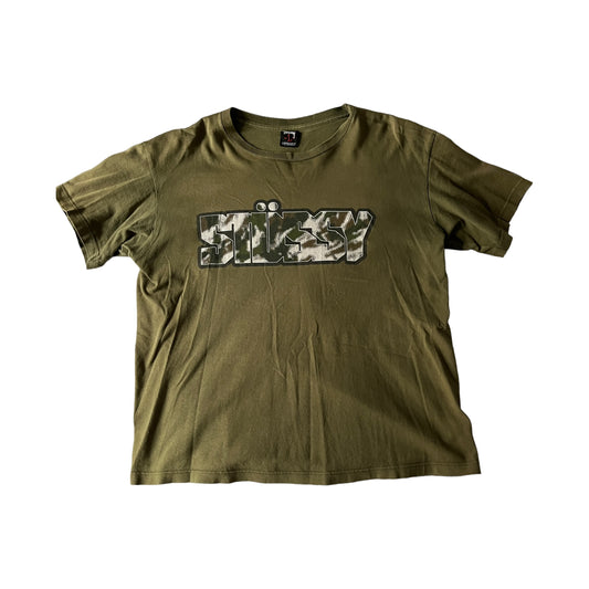 Stussy khaki green spellout tee (L)