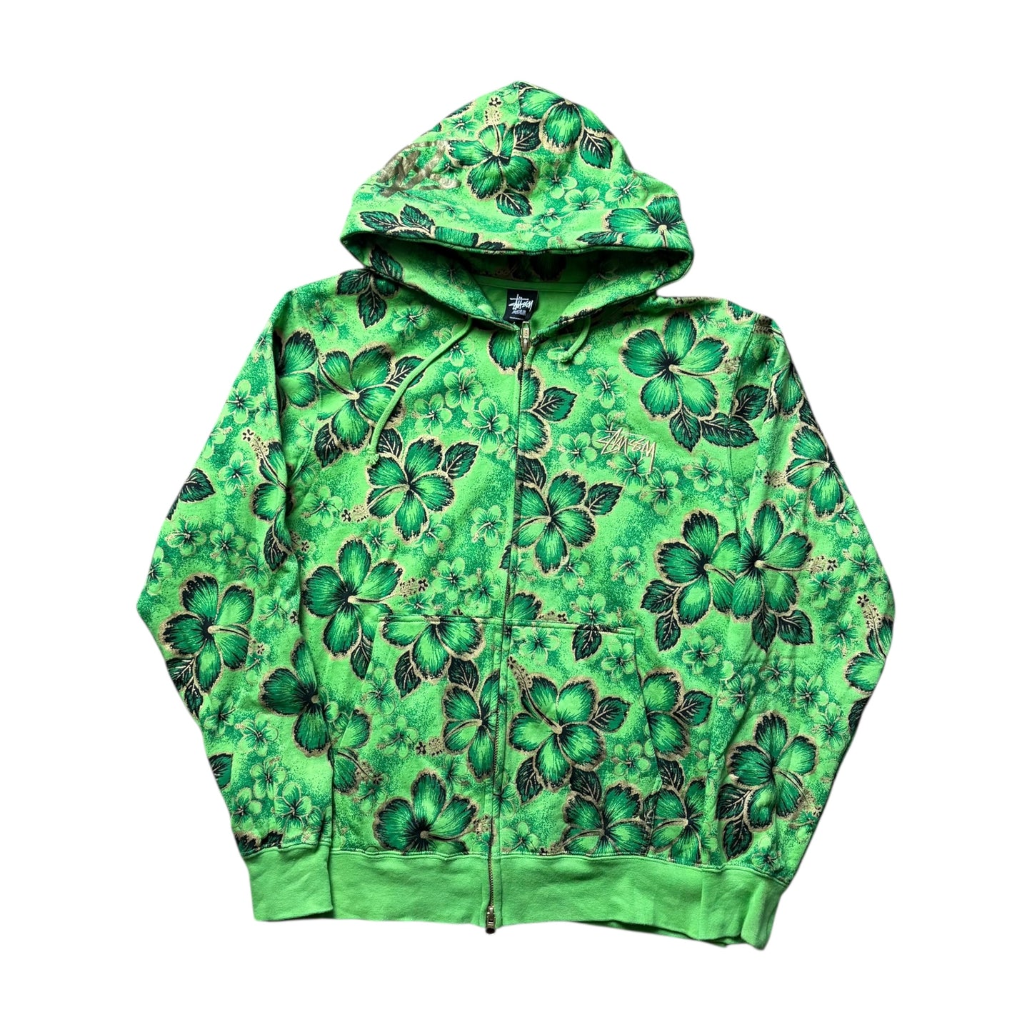 Stussy green floral zip up hoodie (M)