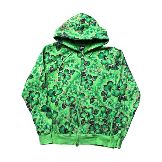Stussy green floral zip up hoodie (M)
