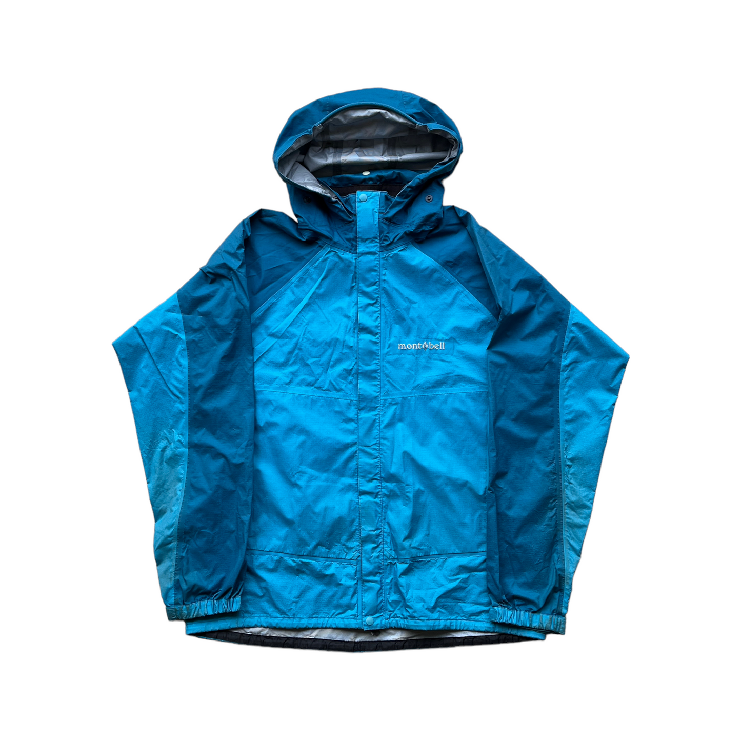 Montbell two tone blue shell jacket (with packable hood) (M)